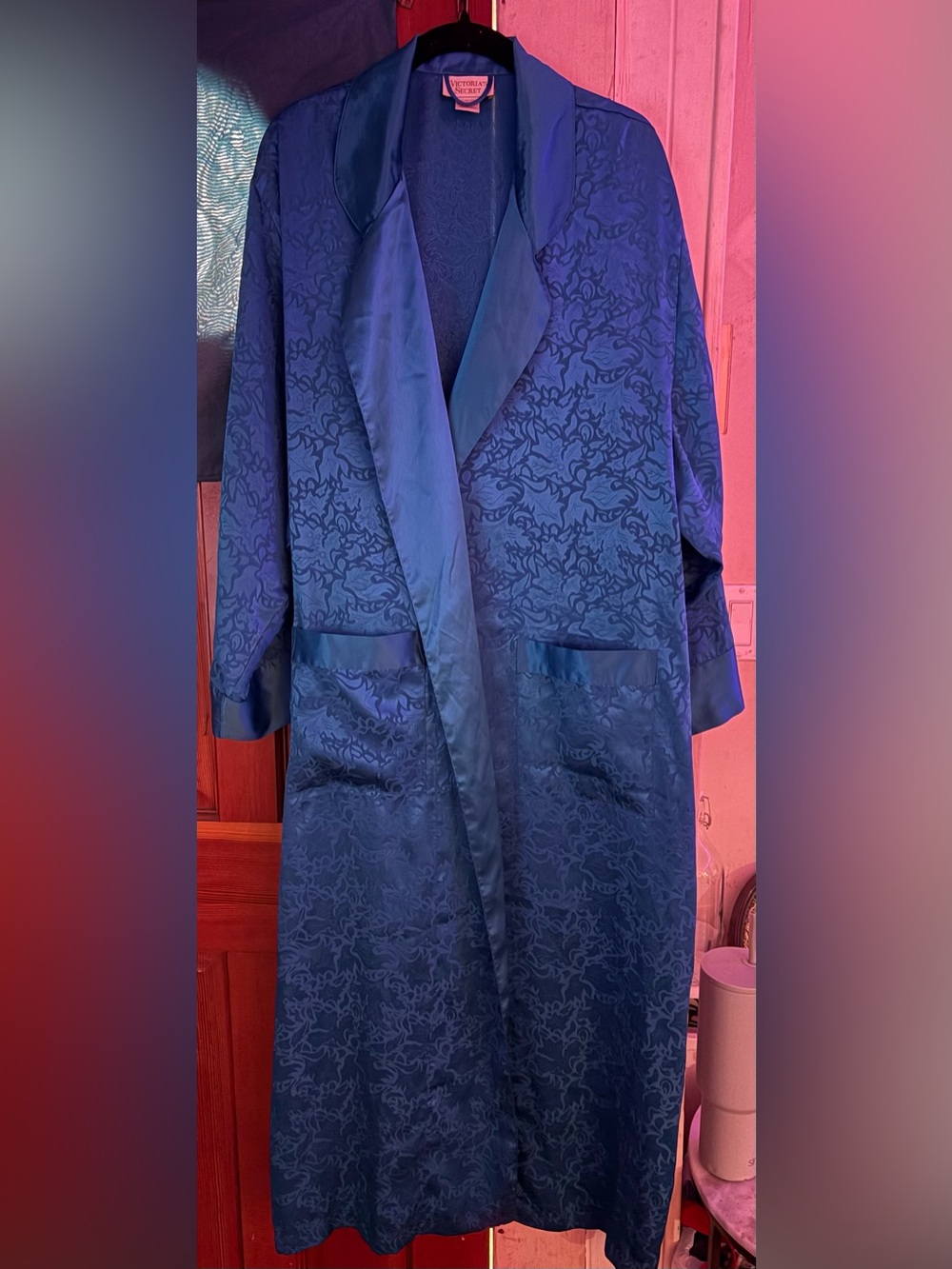GOLD LABEL VINTAGE VICTORIAS SECRET  TEAL Blue Jacquard Satin-Trim ROBE TRENCH